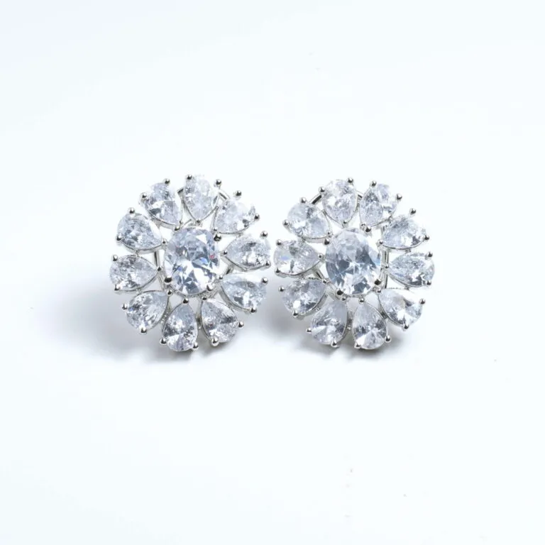 Radiant Silver-Tone Floral Cluster Studs with Clear Crystals