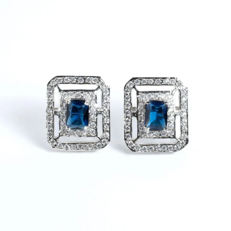 Elegant Silver-Tone Blue Rectangular Halo Stud Earrings
