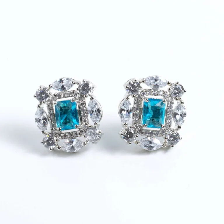 Platinum Plated Blue Rectangular Stone and Crystal Stud Earrings