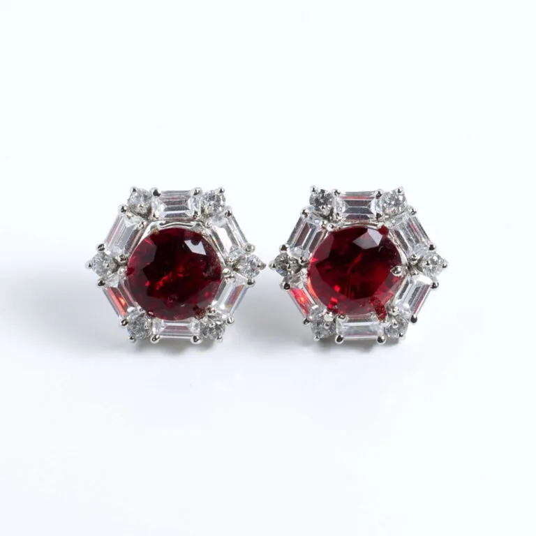 Elegant Platinum-Plated Hexagonal Red Stone Stud Earrings