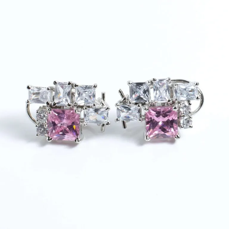 Radiant Pink and Clear Square-Cut Platinum-Plated Stud Earrings