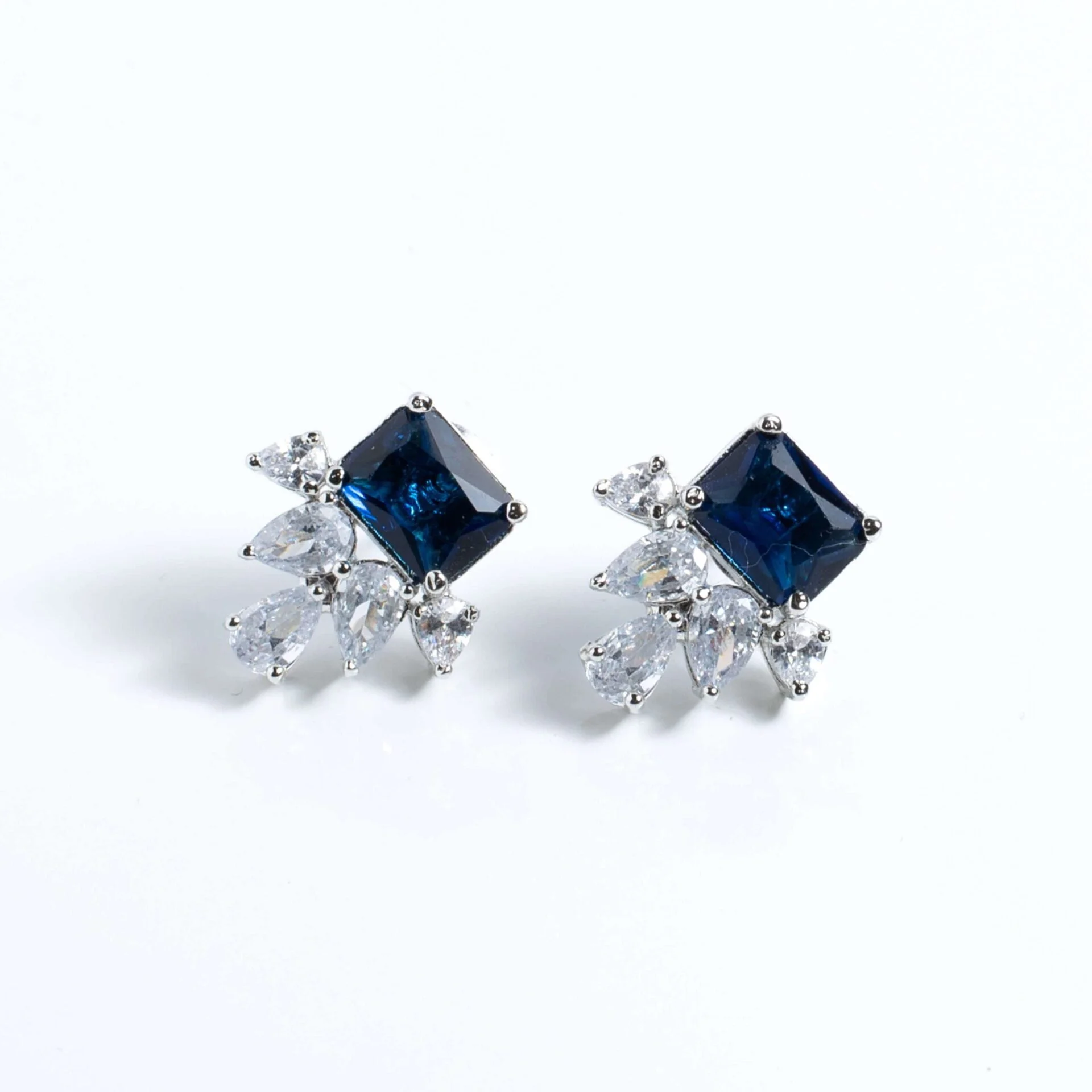 Azure Square and Pear Cluster Platinum-Plated Stud Earrings - Image 4