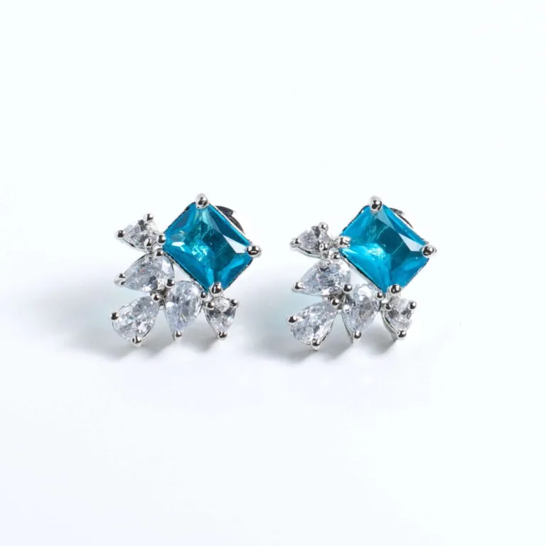 Azure Square and Pear Cluster Platinum-Plated Stud Earrings