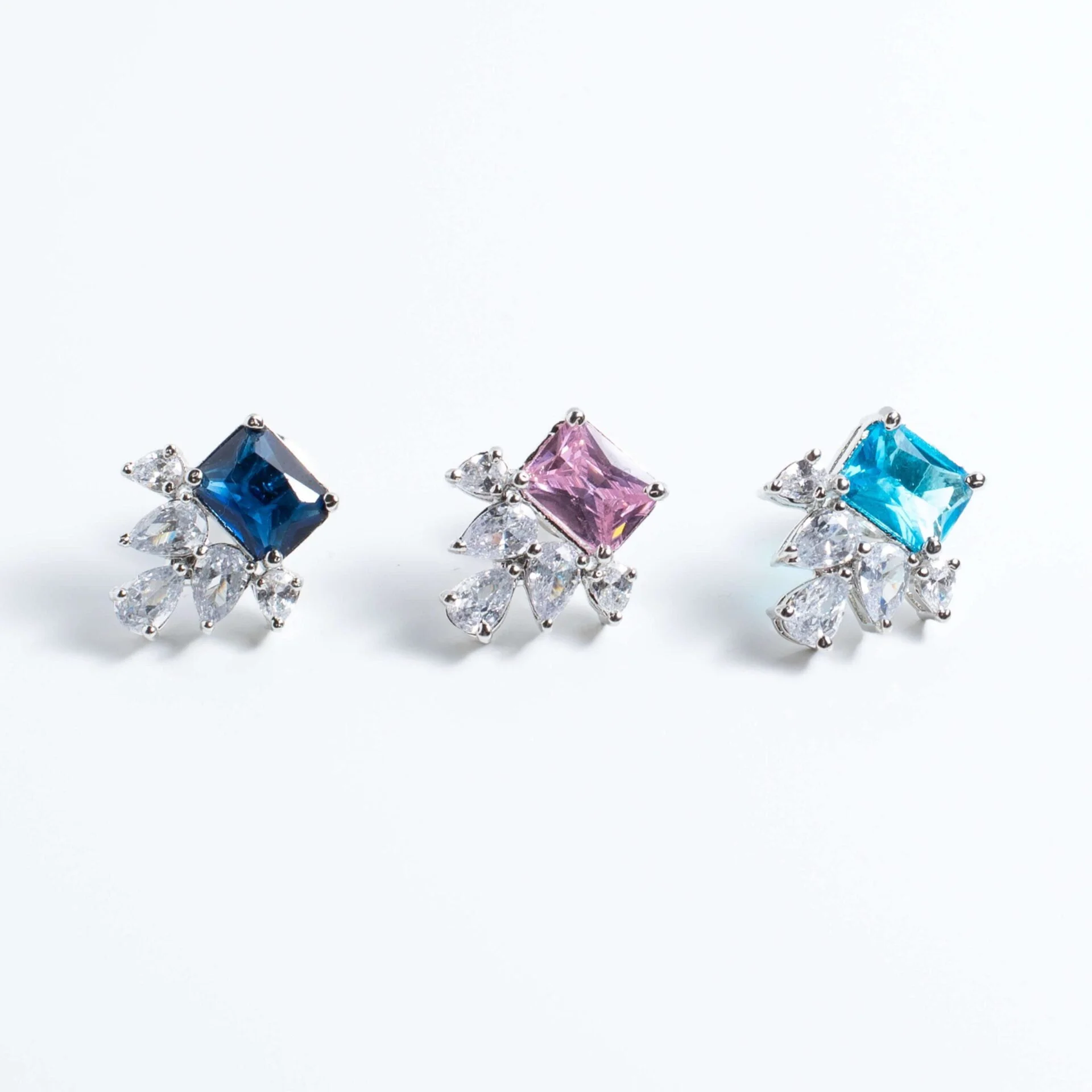 Azure Square and Pear Cluster Platinum-Plated Stud Earrings - Image 7