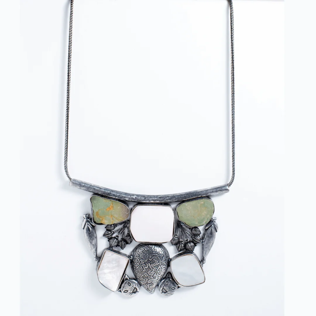 Antique Silver-Tone Fusion Necklace with Green and White Stones