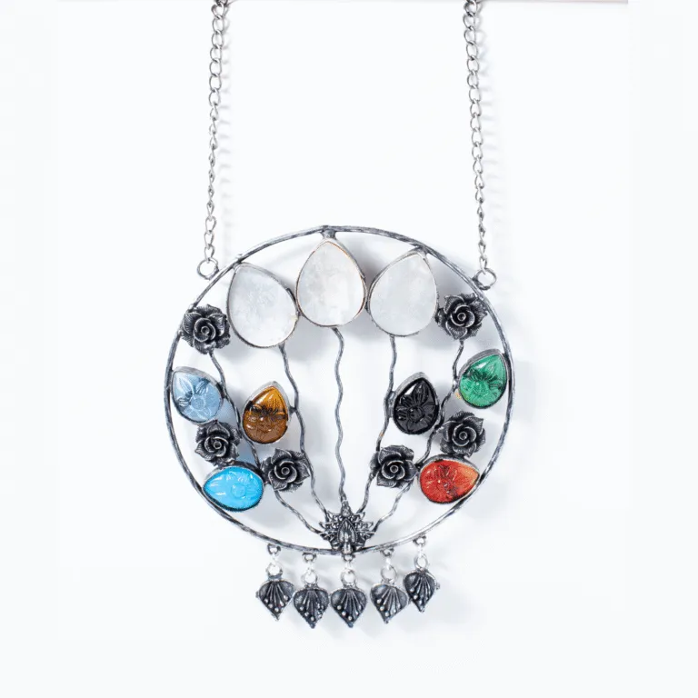 Oxidized Silver-Tone Tree of Life Multi-Color Stone Necklace Set