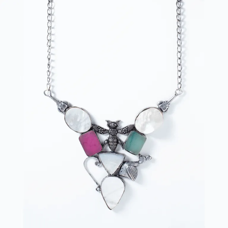 Whimsical Bee Silver-Tone Necklace with Shell and Colorful Stones