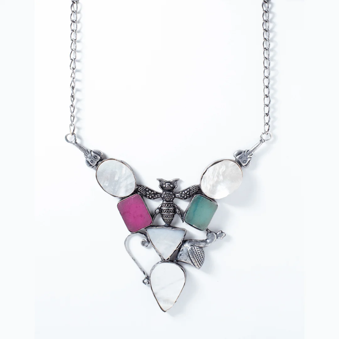 Whimsical Bee Silver-Tone Necklace with Shell and Colorful Stones