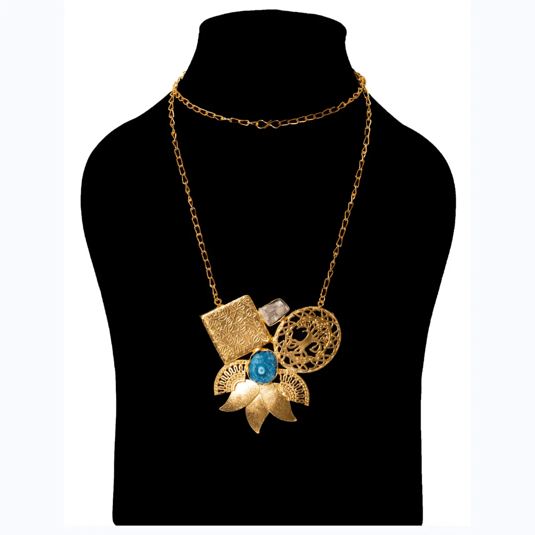 Multi-Charm Blue Cabochon Necklace
