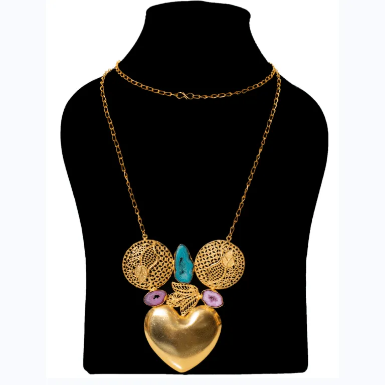 Heart Filigree Gold-Tone Necklace with Blue and Purple Stones