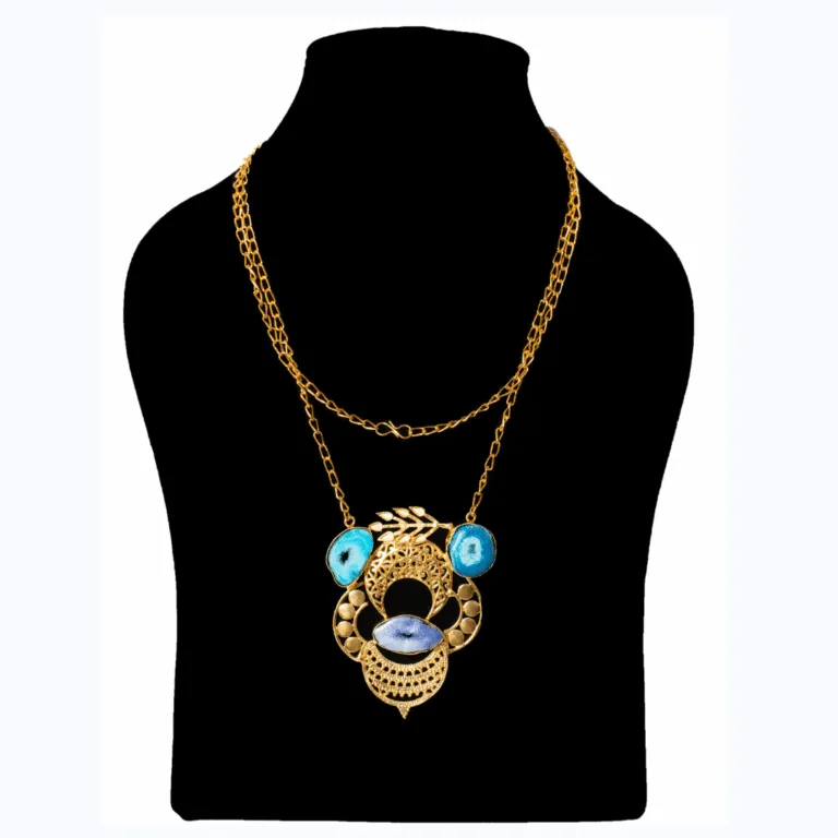 Azure Blue Filigree Layered Pendant Gold-Tone Necklace