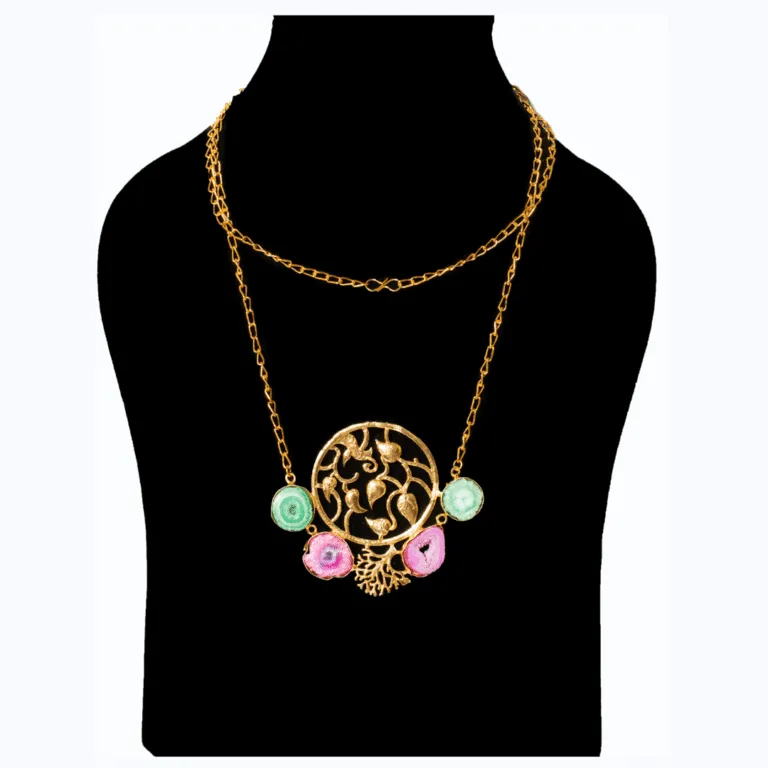 Gold-Tone Floral Filigree Necklace with Pink and Green Stones