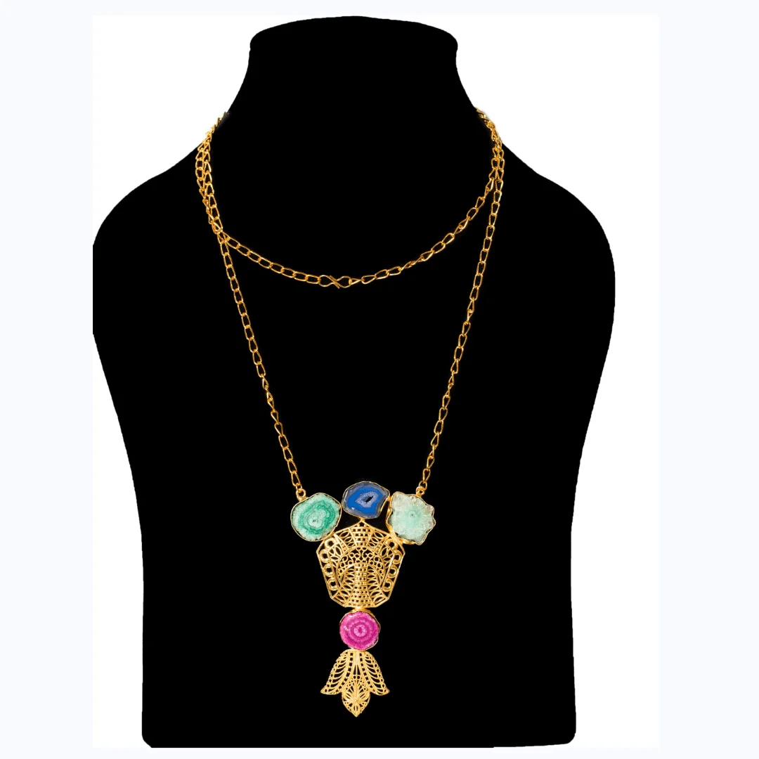 Vibrant Gold-Tone Filigree Necklace with Multicolor Slice Stones