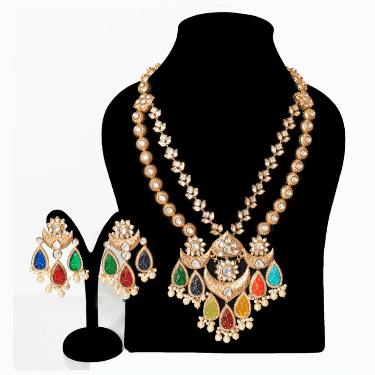 Multicolor Kundan Teardrop Pendant and Pearl Necklace Set