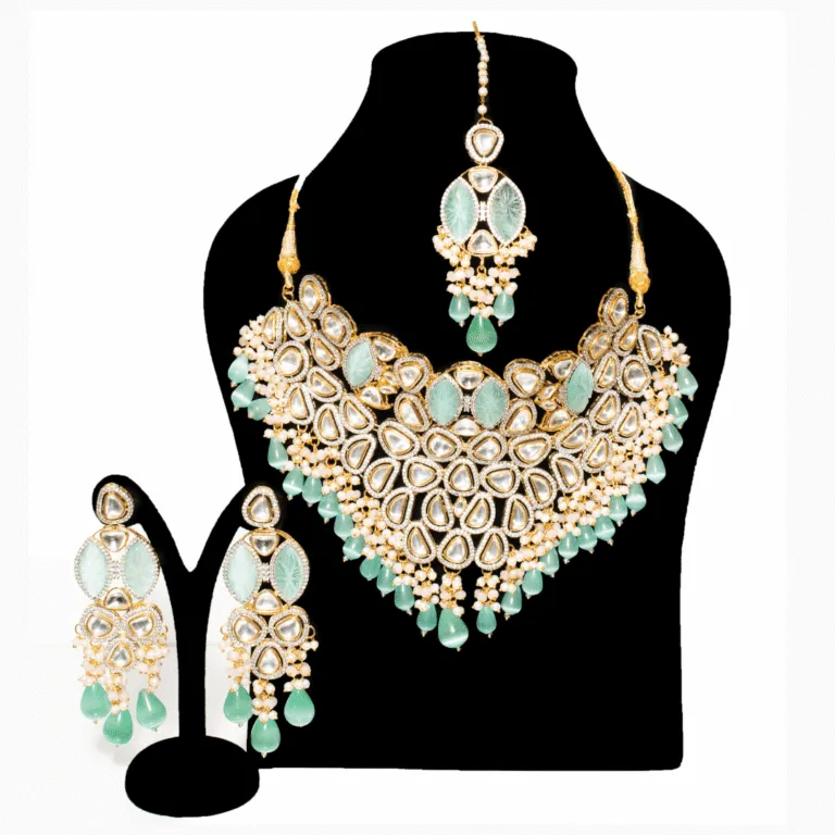 Mint Green Kundan Bridal Set with Carved Stones and Pearls