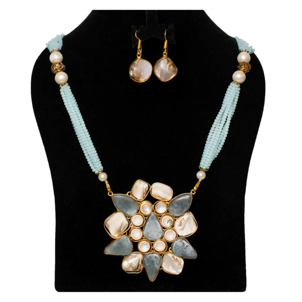 Azure Floral Gold-Tone Necklace Set with Pearls and Shells