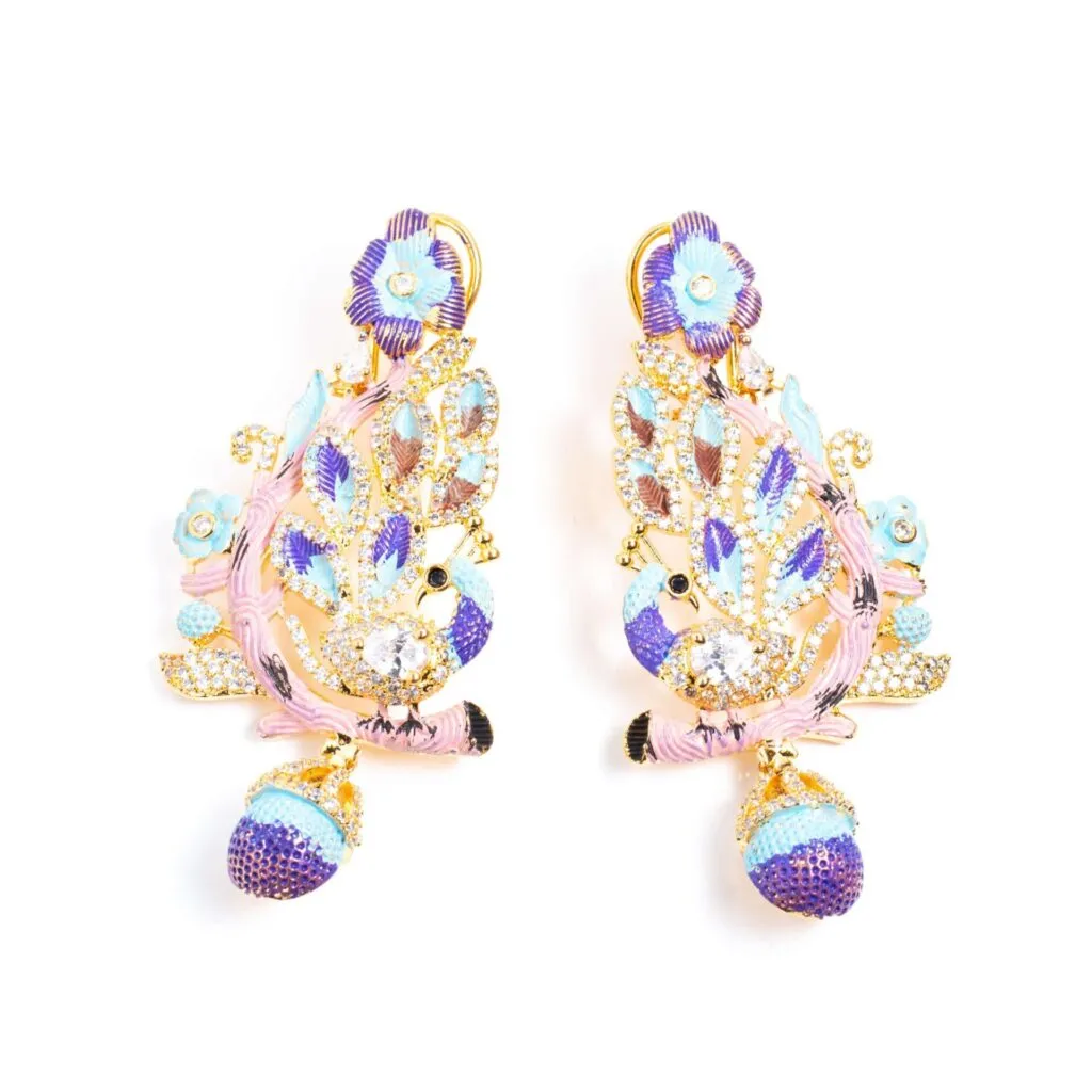 Vibrant Gold-Tone Enamel Peacock Earrings with Clear Crystals
