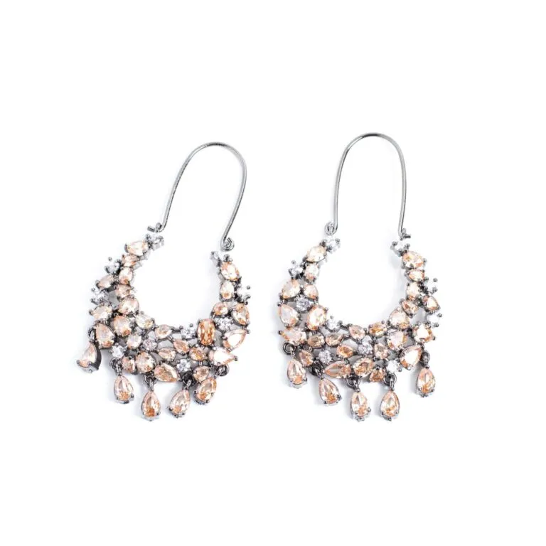 Peach Teardrop and Crystal Dangle Earrings in Dark-Tone Metal