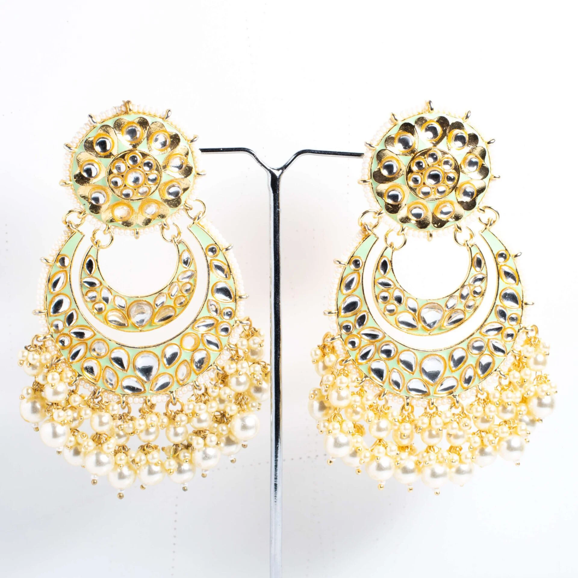 Mint Kundan-Style Chandbali Earrings - Image 2