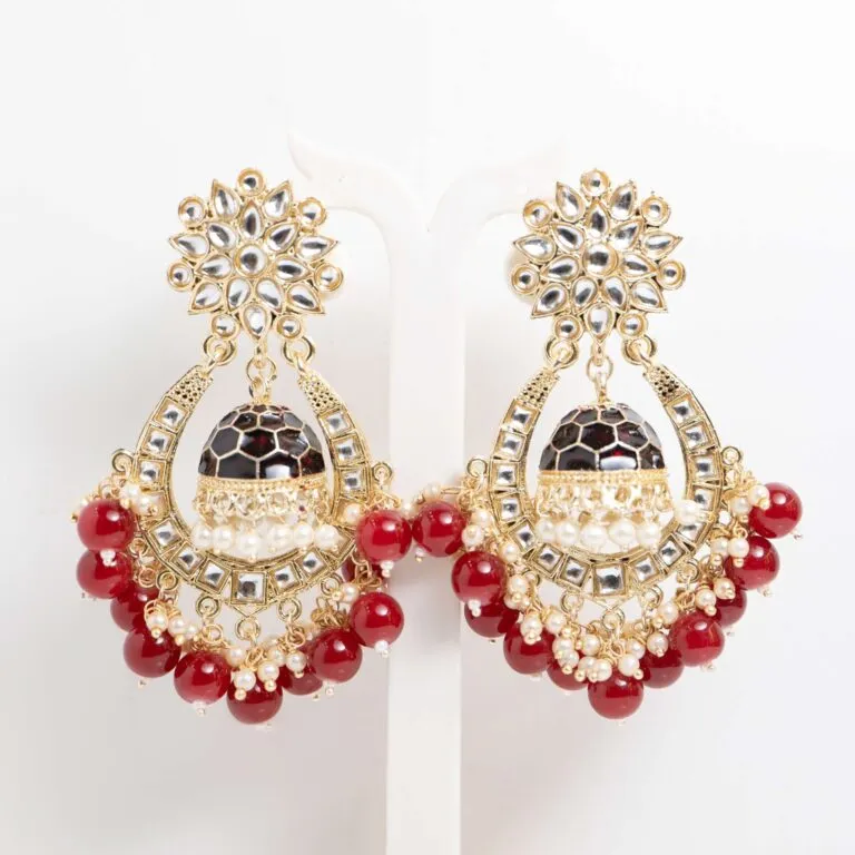 Gold-Tone Crescent Jhumka Earrings with Red Stones and Pearls