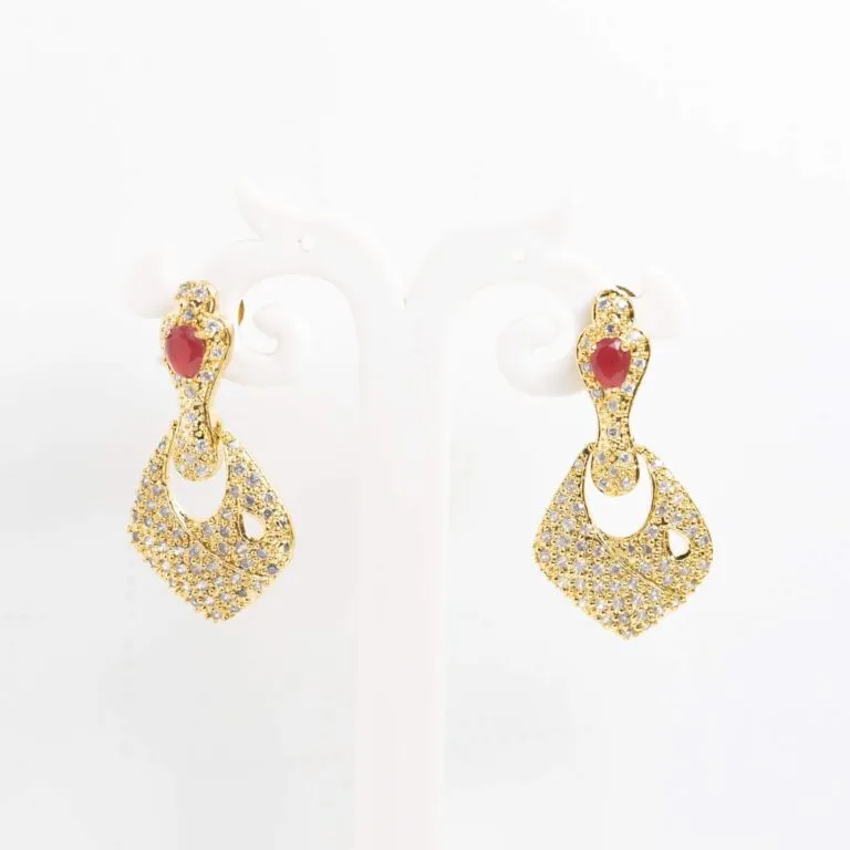 Radiant Gold-Plated Teardrop Earrings with Red and Clear Stones