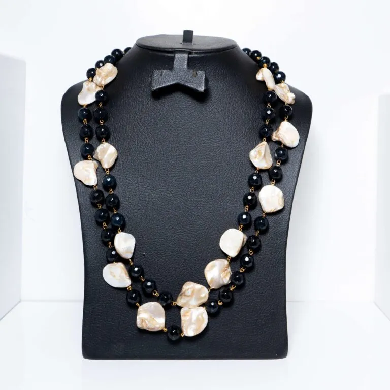 Dual-Layer Gold-Tone Mala with Black Beads and White Shells