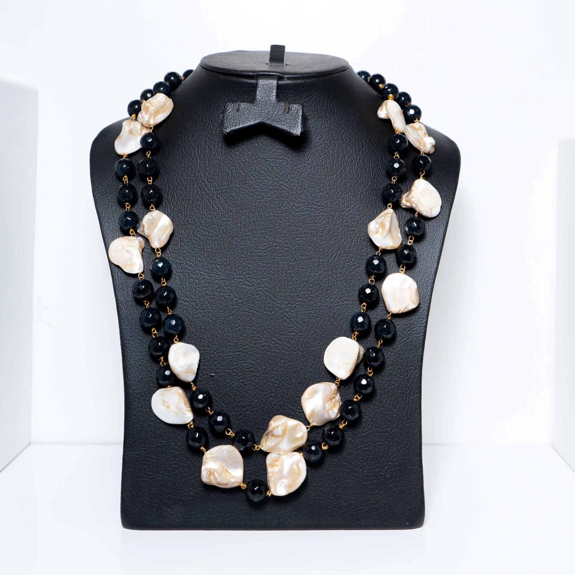 Dual-Layer Gold-Tone Mala with Black Beads and White Shells