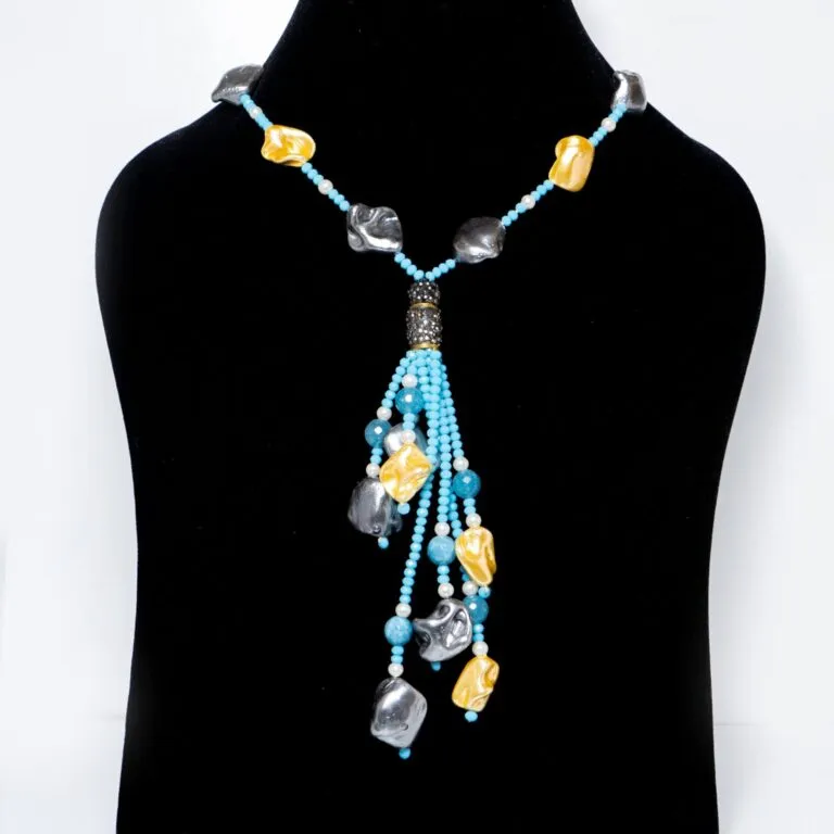 Azure and Ochre Multi-Strand Beaded Tassel Tie Necklace