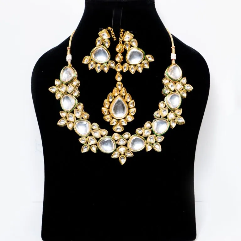 Traditional Gold-Plated Kundan Necklace and Maang Tikka Set
