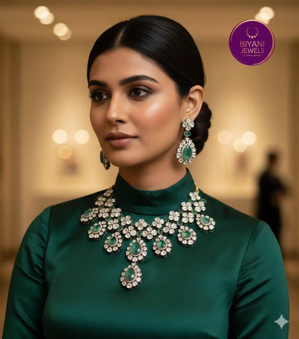 Emerald Kundan Statement Necklace Set - Image 2
