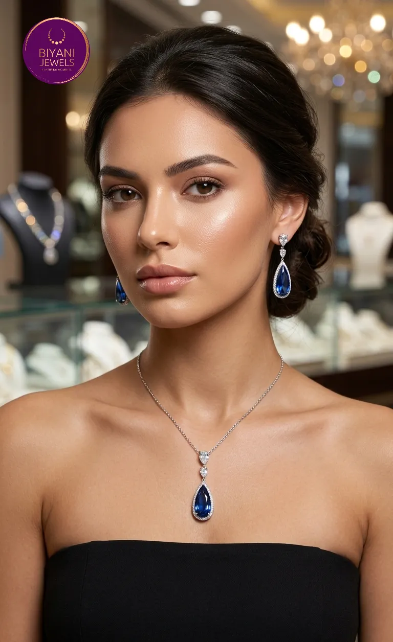 Blue Teardrop Pendant Necklace Set
