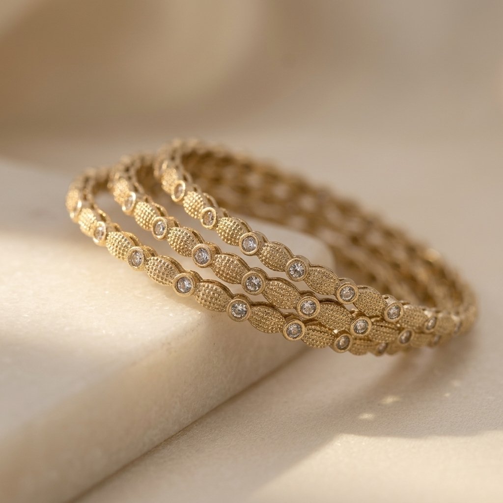 Premium Mehandi Gold-Tone Sleek Bangles with Sparkling White Stones - Image 3