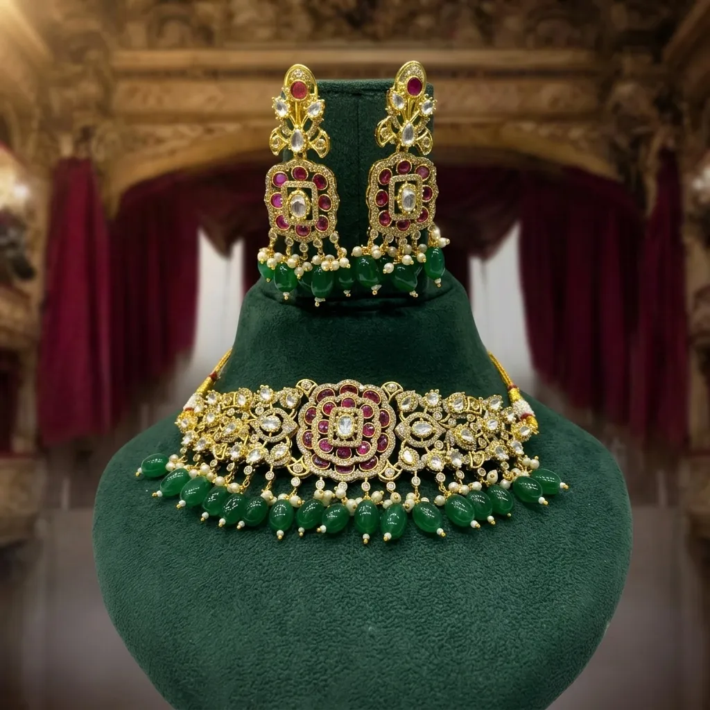 Kundan Choker Set with Emerald Drops - Image 4