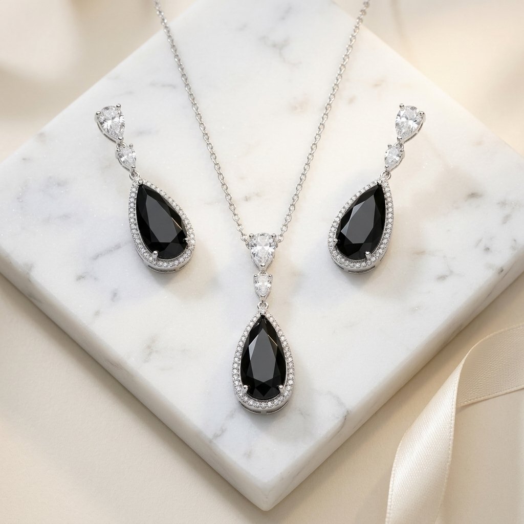Luxurious Diamond Pendant set Silver-Tone Deep Blue Teardrop Necklace and Earring Set with Clear Accents - Image 5