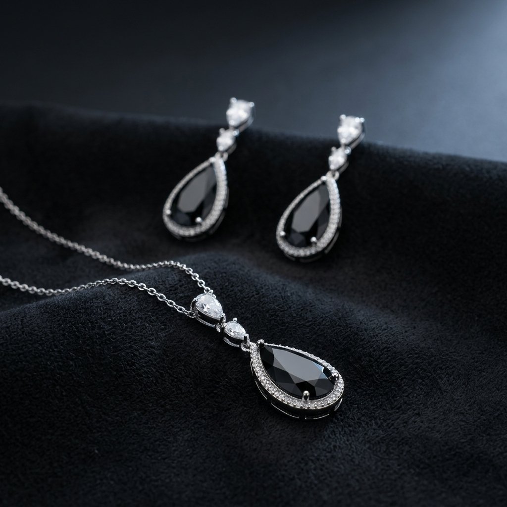 Luxurious Diamond Pendant set Silver-Tone Deep Blue Teardrop Necklace and Earring Set with Clear Accents - Image 7