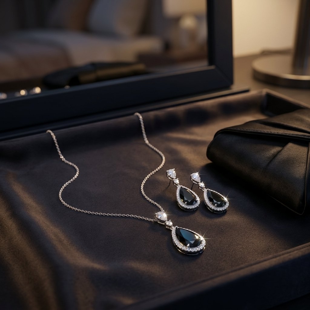 Luxurious Diamond Pendant set Silver-Tone Deep Blue Teardrop Necklace and Earring Set with Clear Accents - Image 6