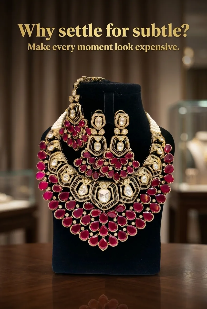 Opulent Gold-Tone Ruby-Hued & Clear Stone Bridal Necklace Set - Image 4