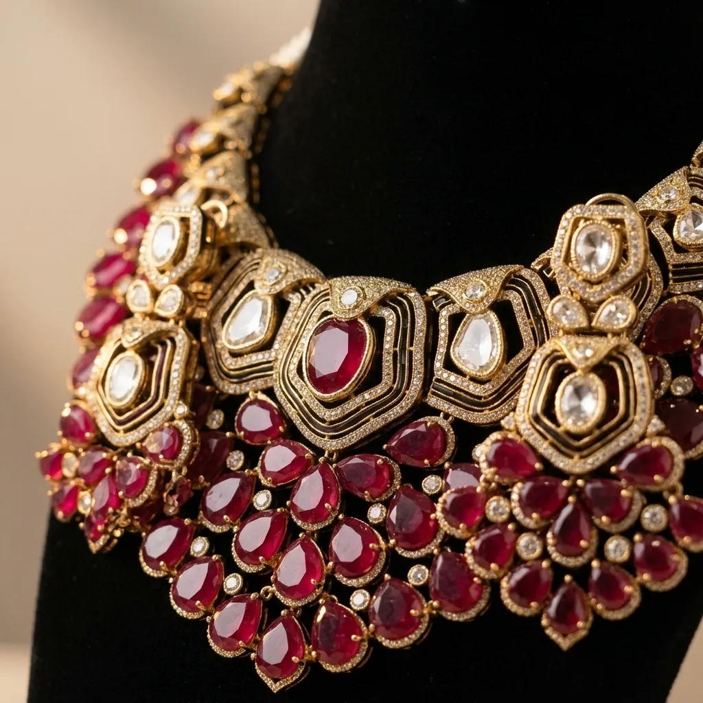 Opulent Gold-Tone Ruby-Hued & Clear Stone Bridal Necklace Set - Image 2