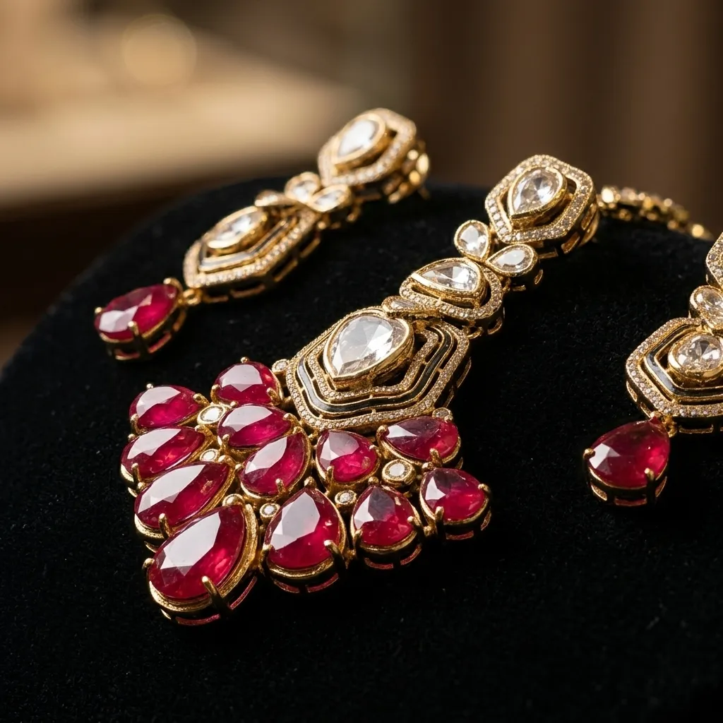 Opulent Gold-Tone Ruby-Hued & Clear Stone Bridal Necklace Set - Image 3